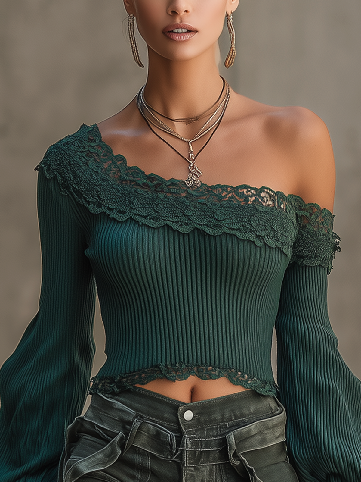 Green Ribbed Knit Lace Off-shoulder Cropped Pullover Sweater
