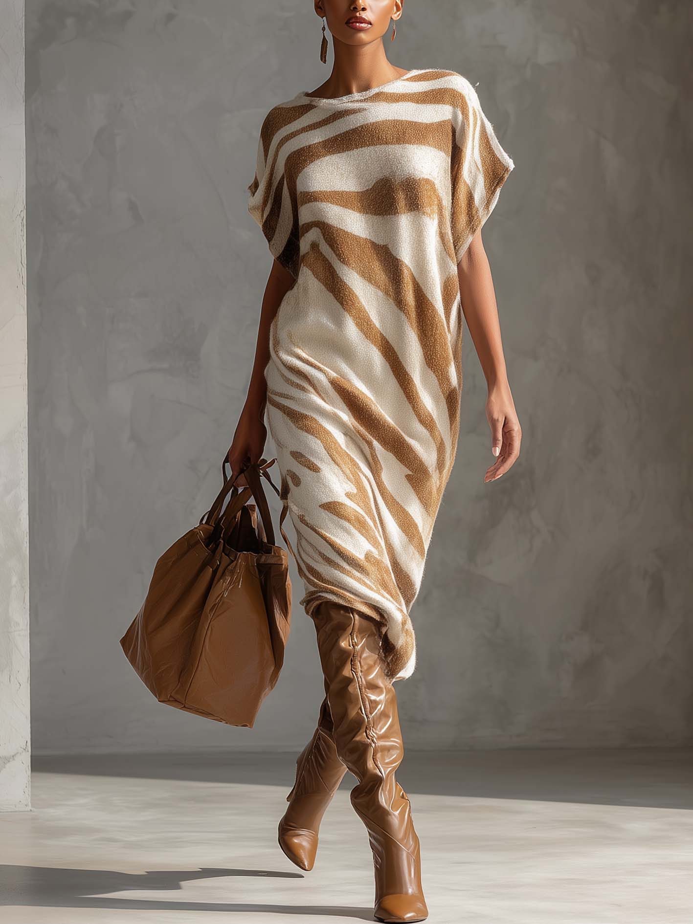 Warm Brown Zebra Print White Knit Midi Dress