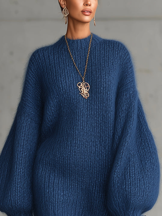 Blue Knit Mini Dress With Balloon Sleeves And Tassel Hem