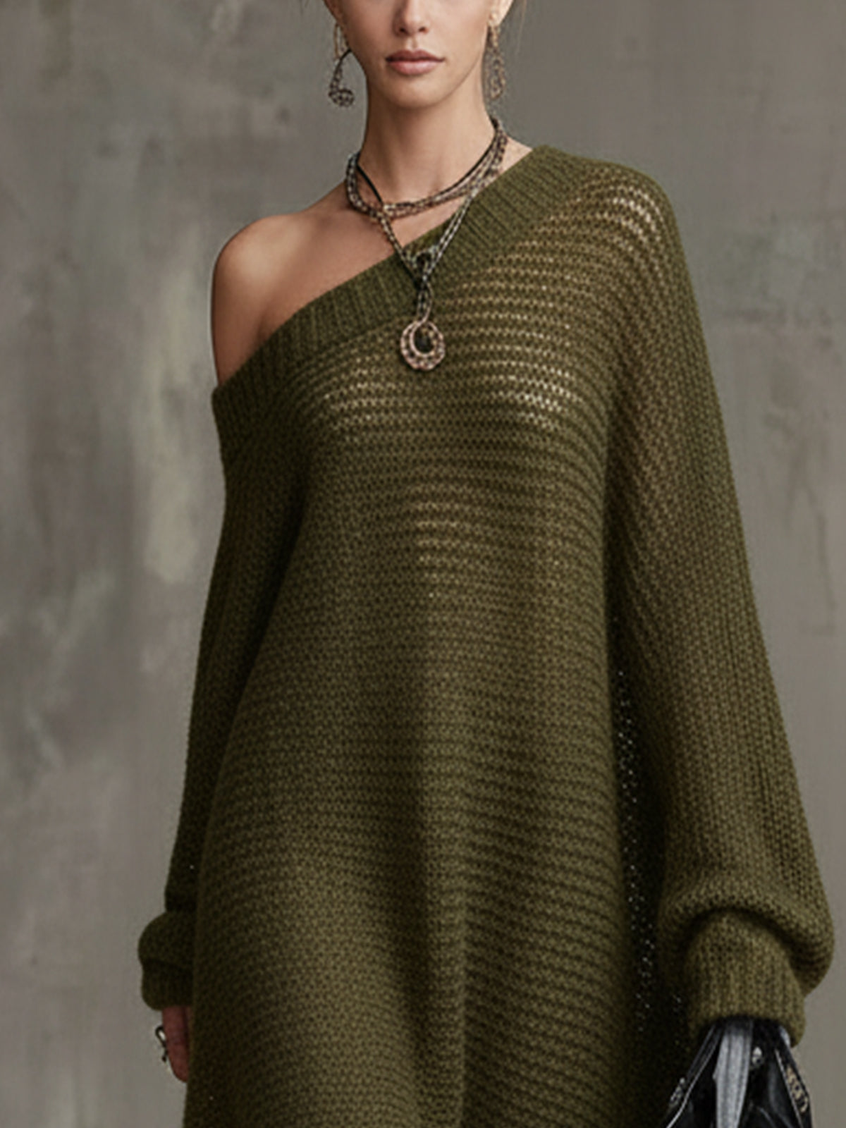 Olive Green Off-Shoulder Loose Knit Sweater Dress With Long Balloon Sleeves
