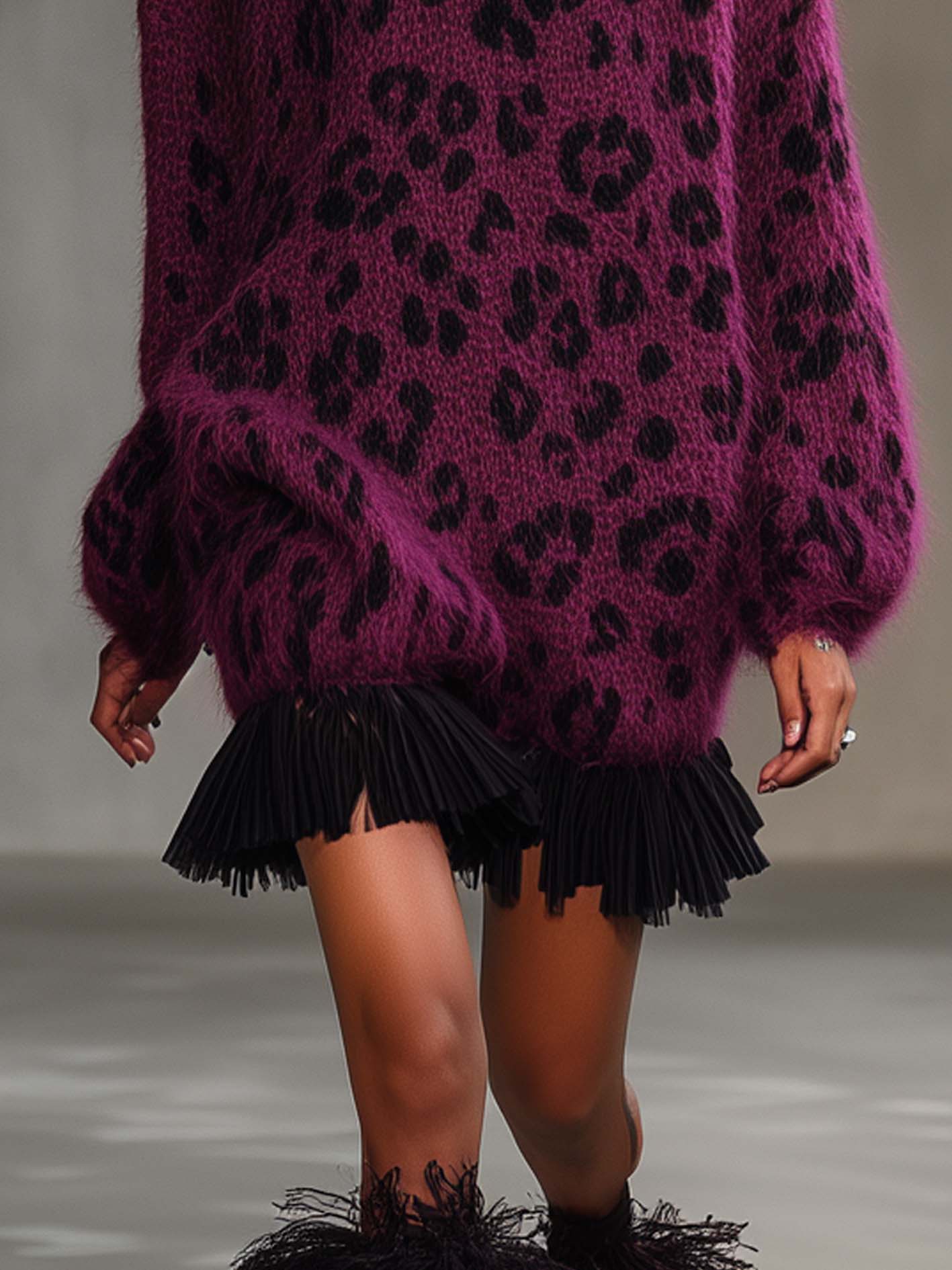 Plush Purple Knitted Mini Dress With Black Leopard Print And Chiffon Ruffles