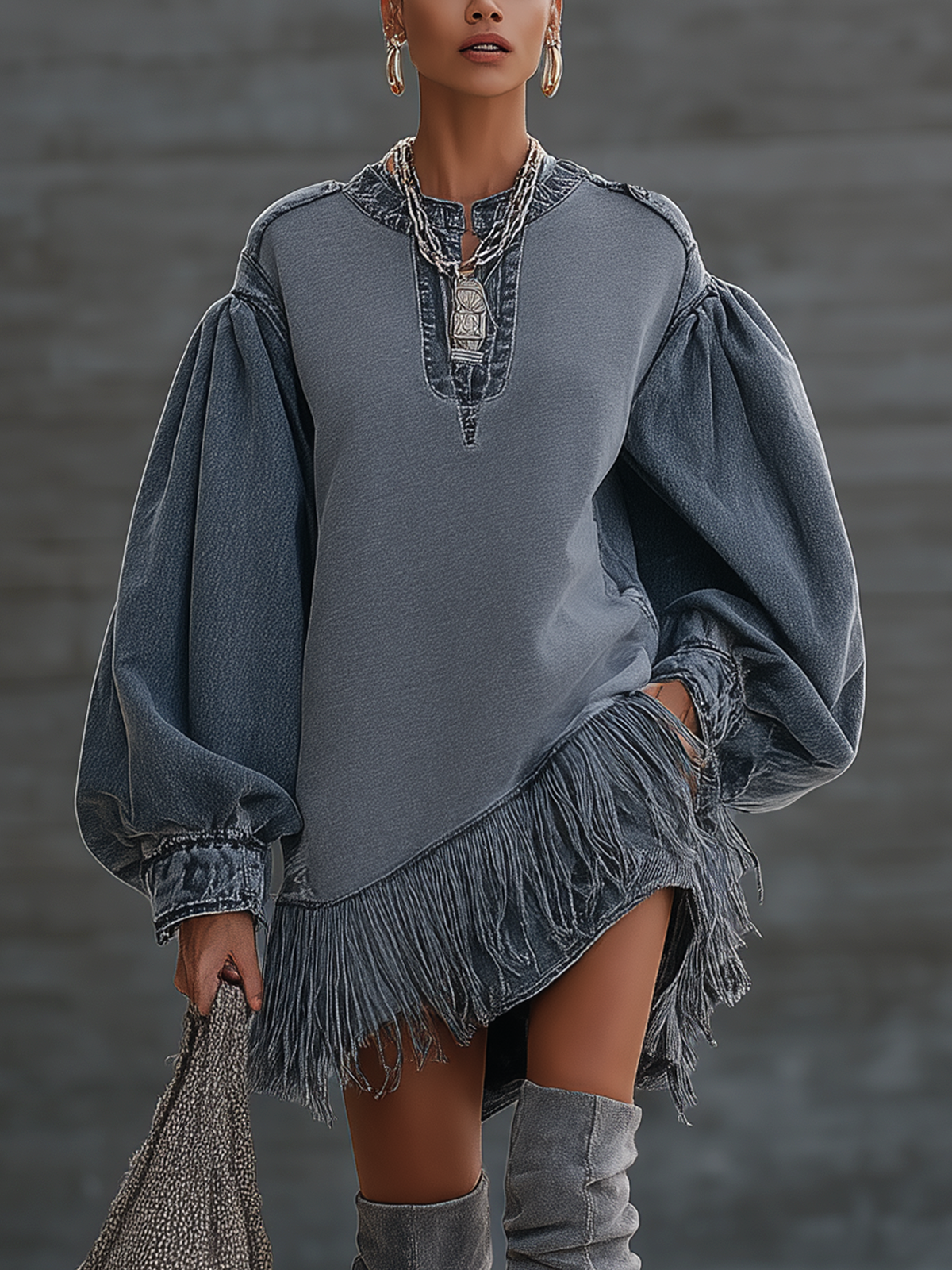 Blue Denim Patchwork Blend V-neck Lantern Sleeve Tassel Loose Mini Dress