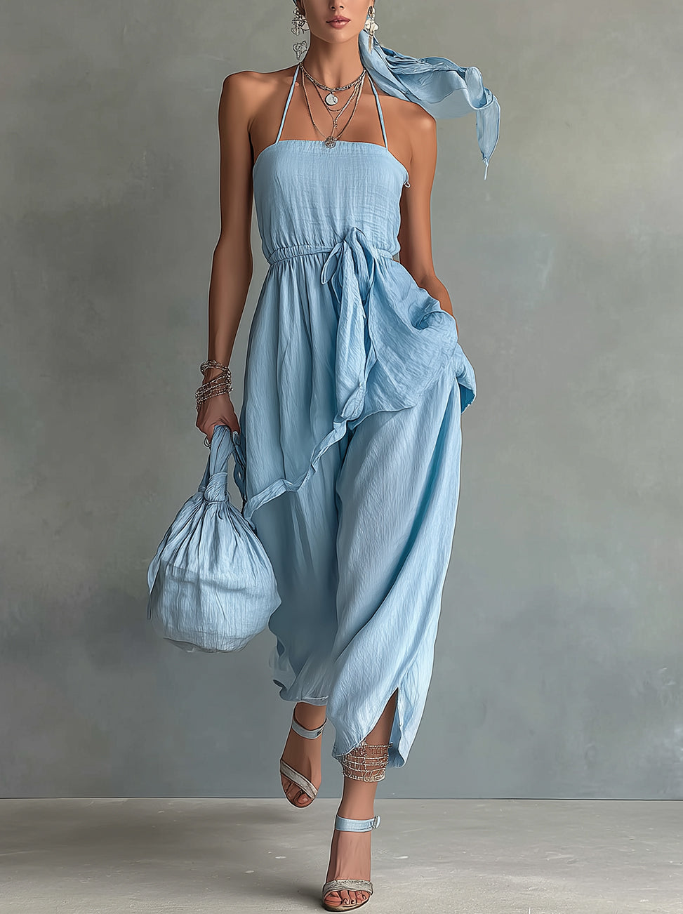 Light Blue Halter Neck Linen Shirt And Pants Set