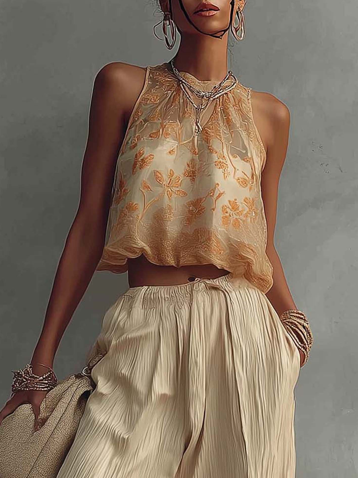 Beige Floral Print Sleeveless Top And Textured Wide Leg Pants Set