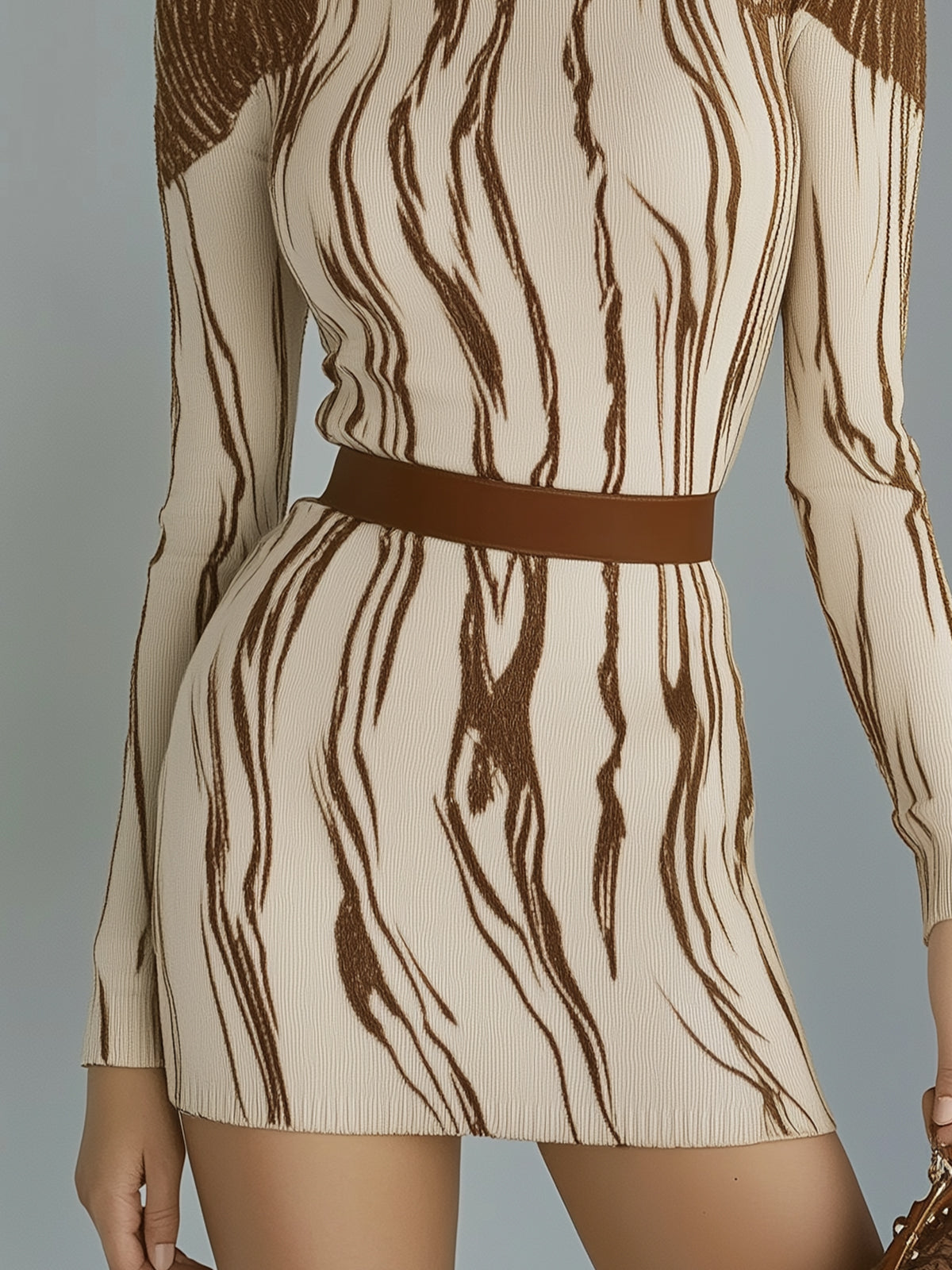 Ribbed Turtleneck Mini Dress With Brown Abstract Stripes