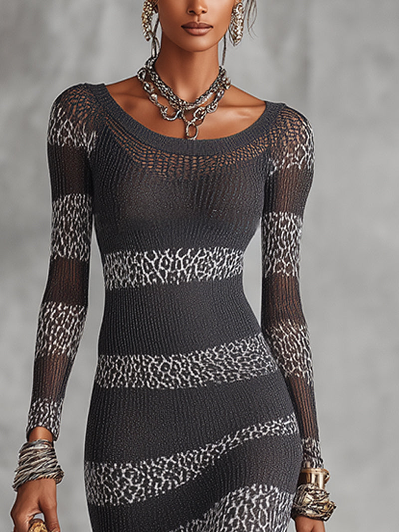 Gray And White Knit Bodycon Dress With Leopard Stripe Detailing