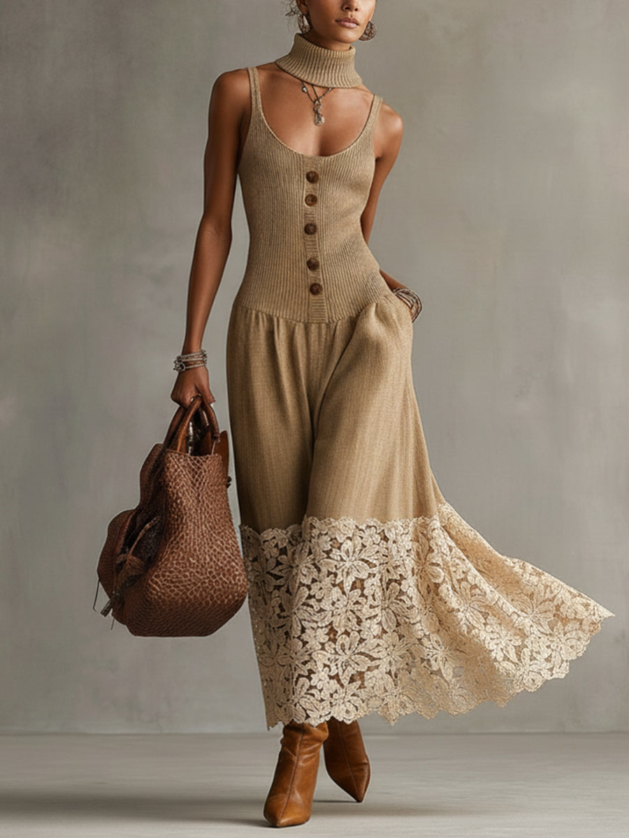 Light Camel Knit And Linen Maxi Dress With Lace Hem And Neck Wrap