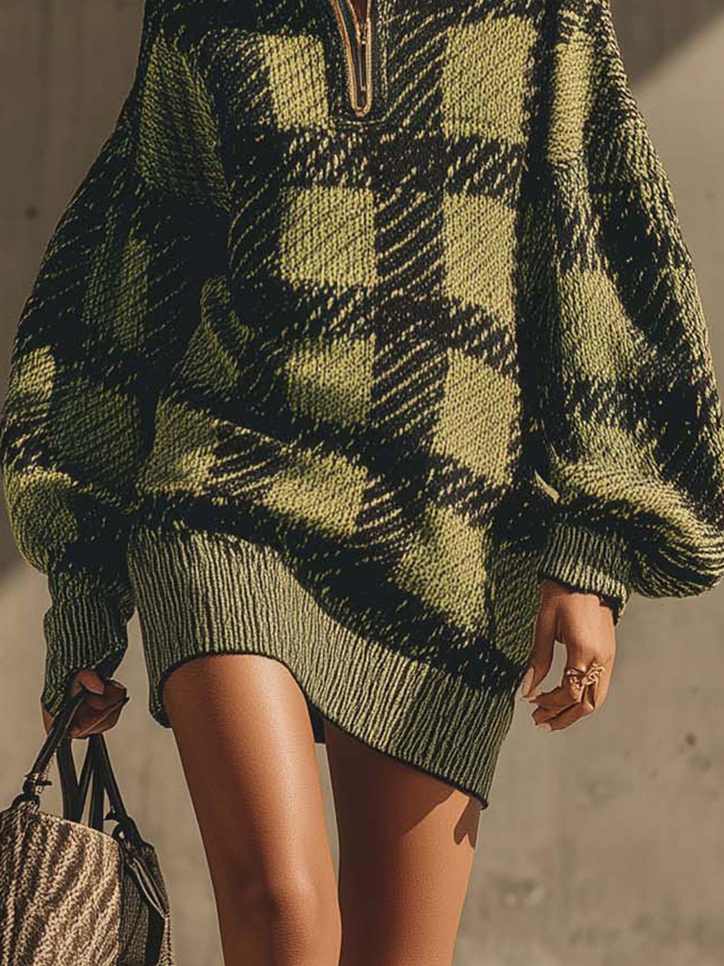 Olive Green Knit Mini Dress With Dark Green Plaid