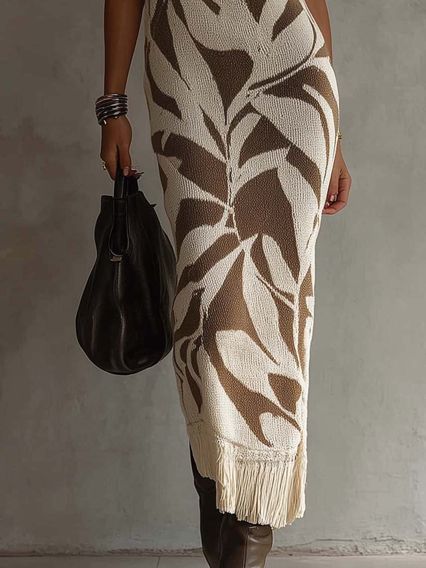 Sleeveless White Knit Bodycon Dress With Artistic Leaf Print And Fringe Hem