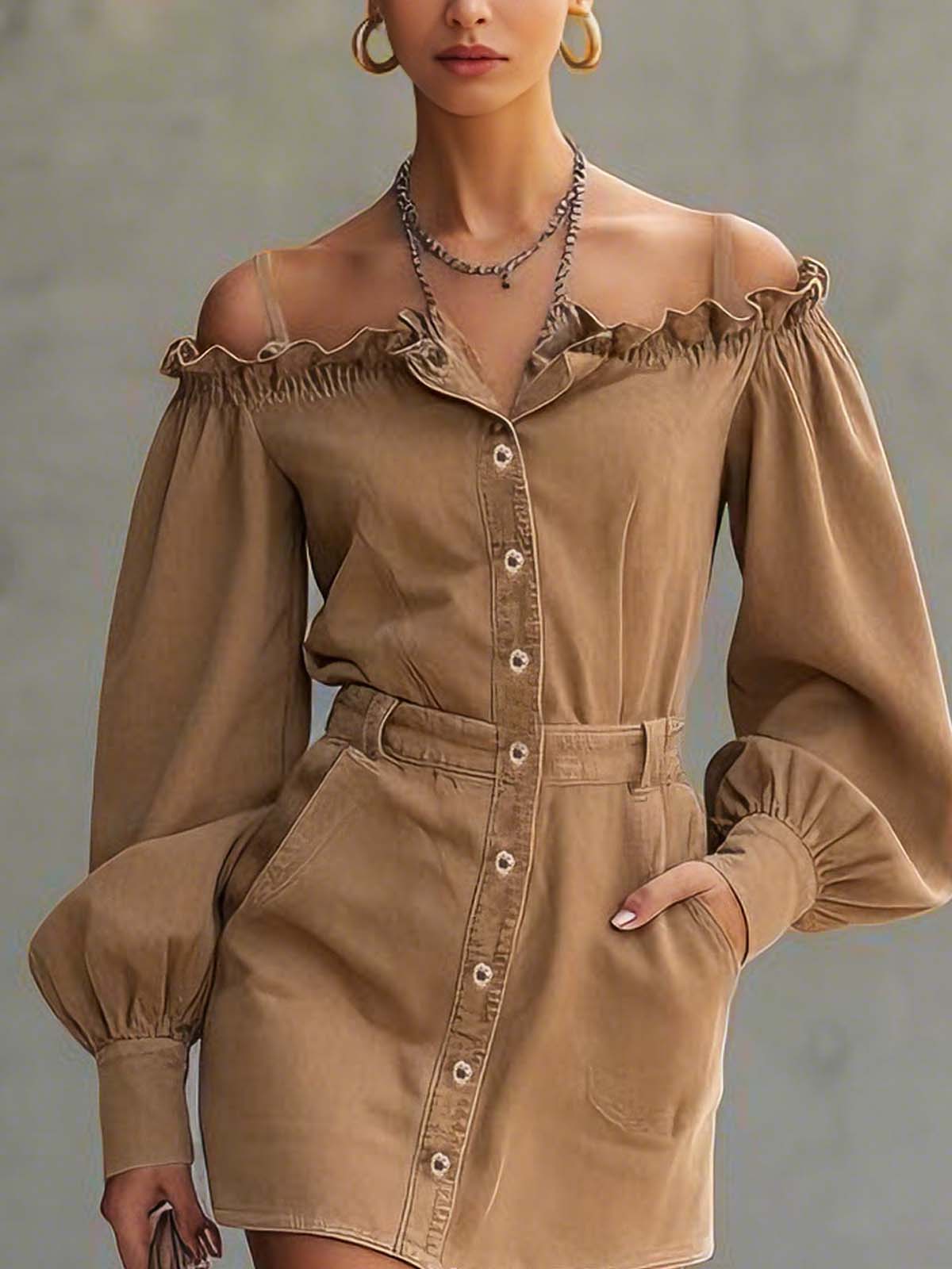 Camel Denim Off Shoulder Cardigan Mini Dress