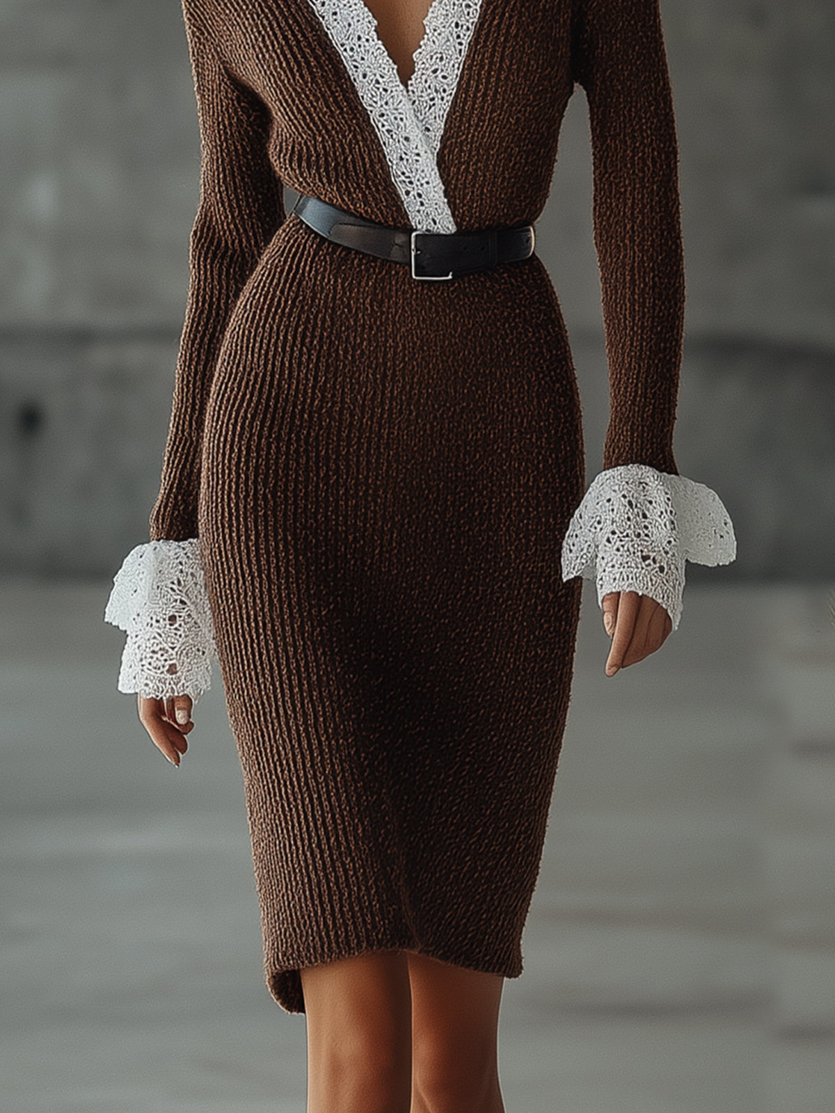 Chocolate Knit Lace-Trim Dress