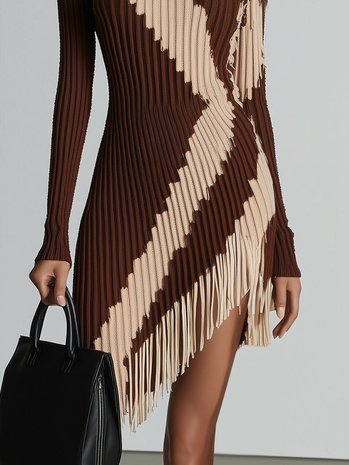 Asymmetric Ribbed Knit Dress With Fringe And Cutout Detail