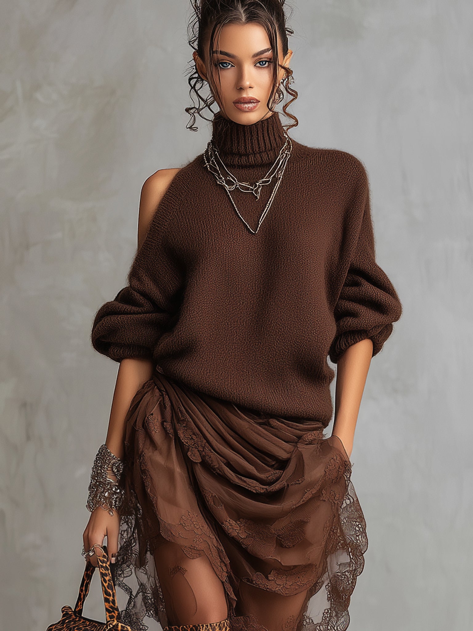 Chocolate Knit Off Shoulder Tulle Long Sleeve Midi Dress