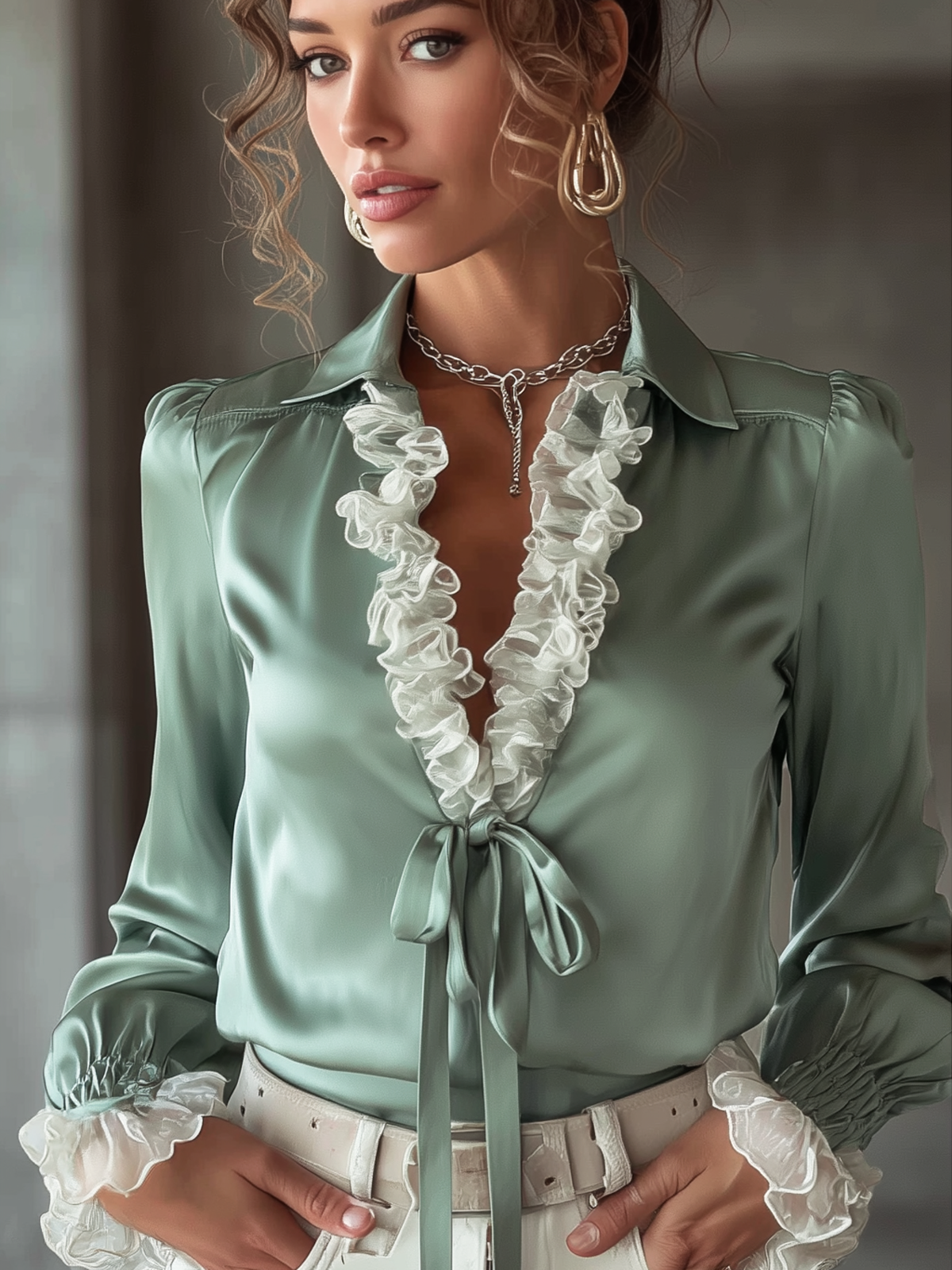 Light Green Satin Ribbon Ruffled Tie-neck Blouse
