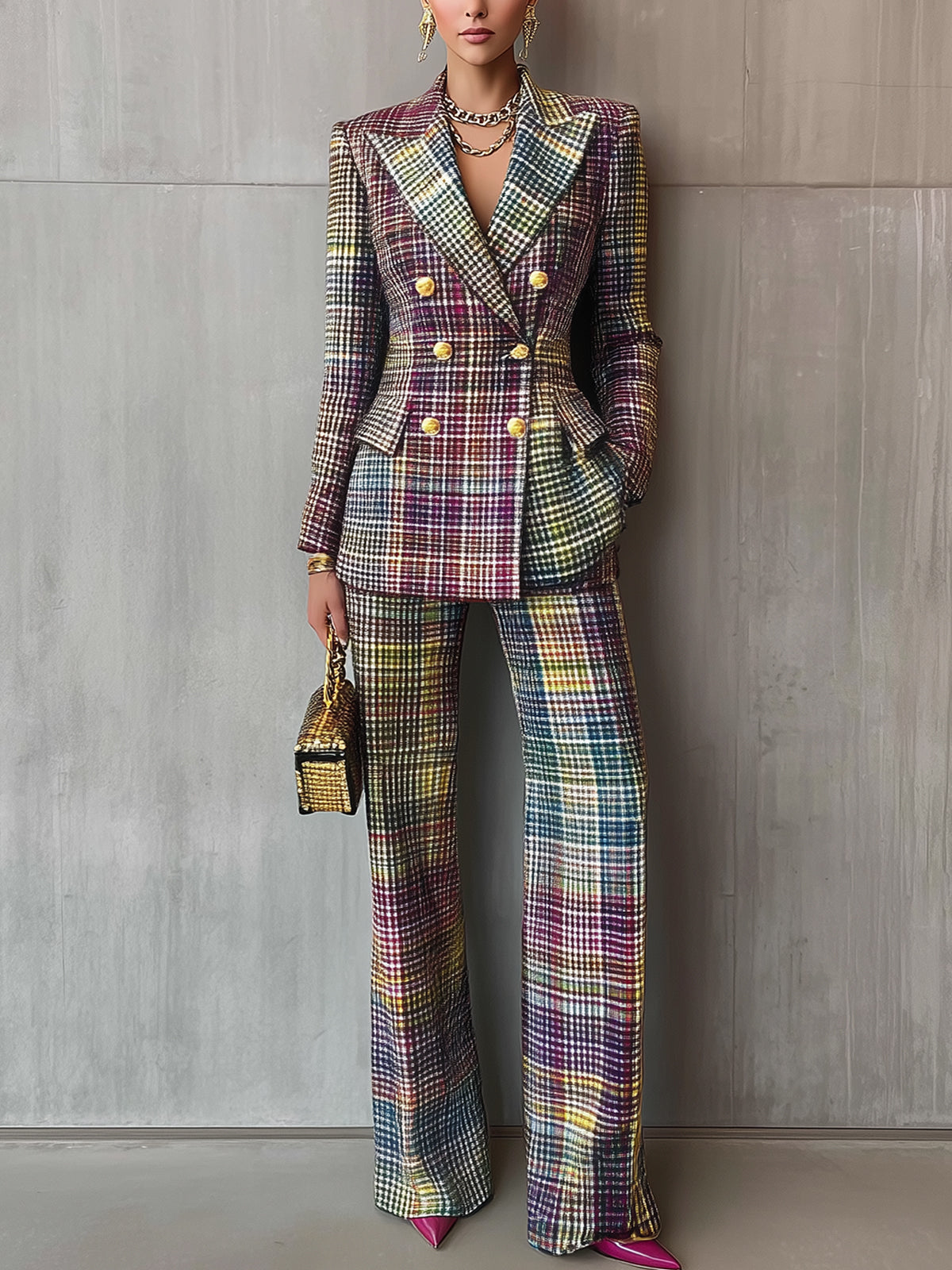 Multicolor Gradient Plaid Double Breasted Suit