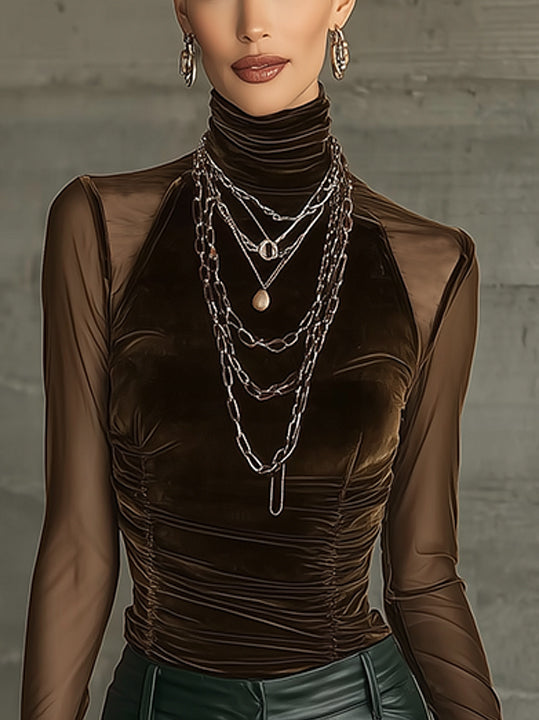 Brown Velvet Mesh Mock Neck Top With Ruched Detailing