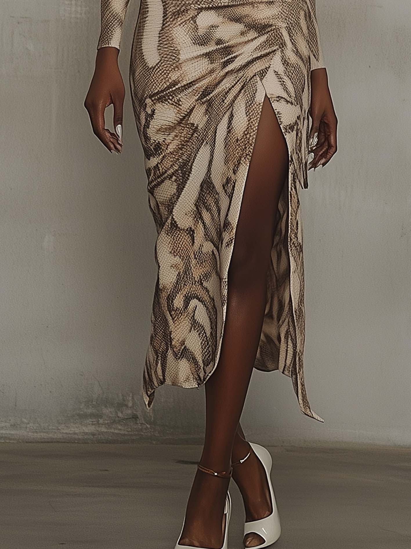 Beige Midi Bodycon Dress With Gradient Brown Animal Print