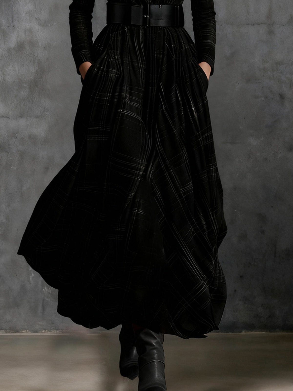 Black Plaid Maxi Dress With Deep V-Neck And Belt
