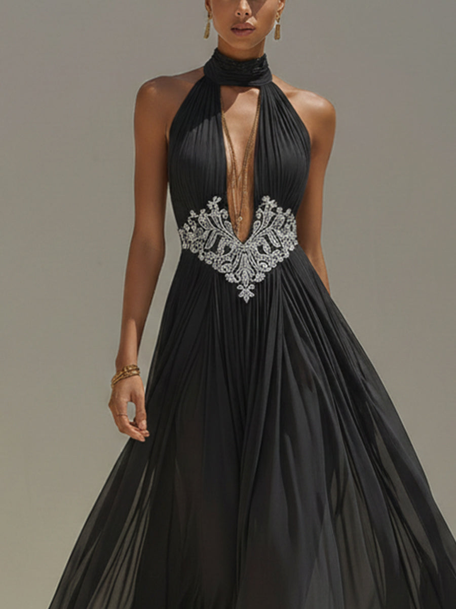 Black Chiffon Embroidered Cutout Hand Sewn Maxi Dress
