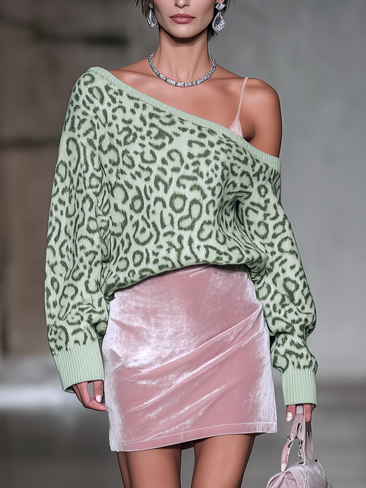 Mint Green Knit & Pink Velvet Mini Skirt Set