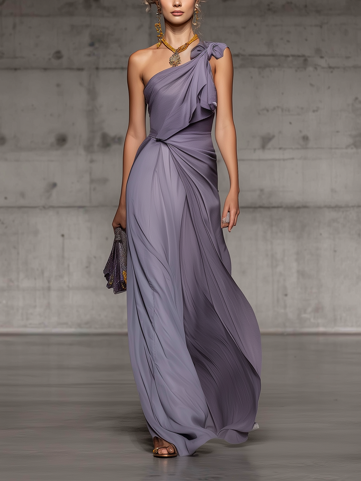 Lilac One-Shoulder Draped Chiffon Evening Gown