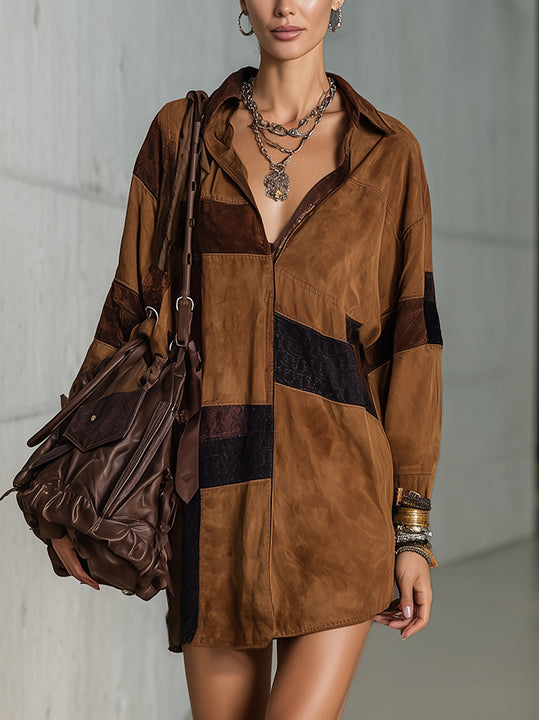 Brown Faux Suede Print Mini Dress