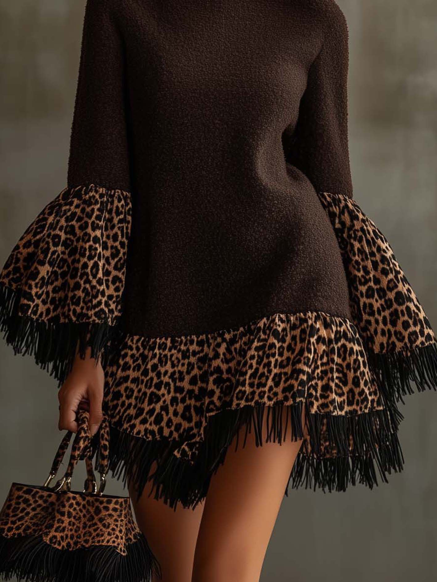 Chocolate Knitted Mini Dress With Leopard Print And Tassels
