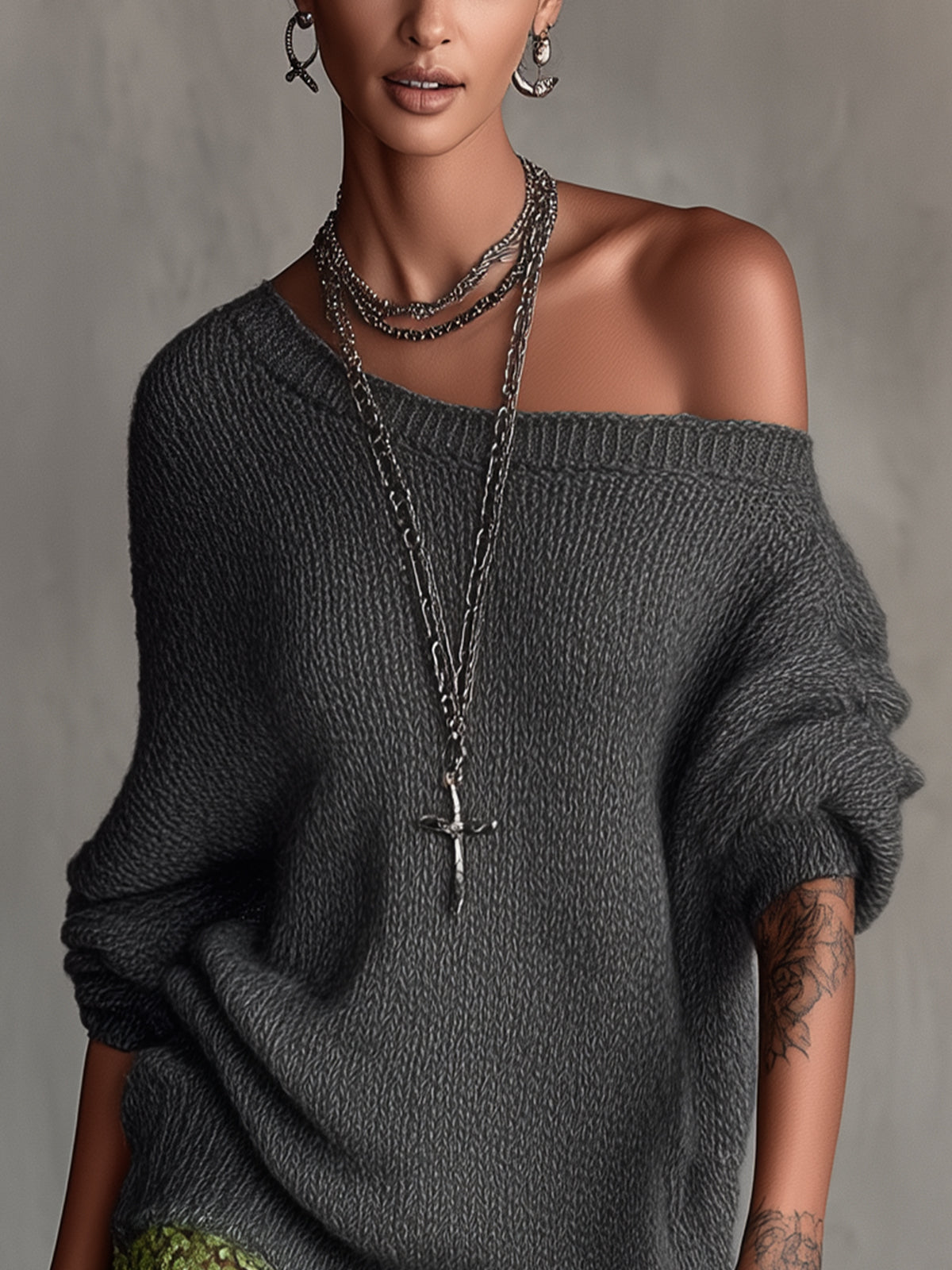 Gray Off-Shoulder Knit Mini Dress With Green Lace Hem