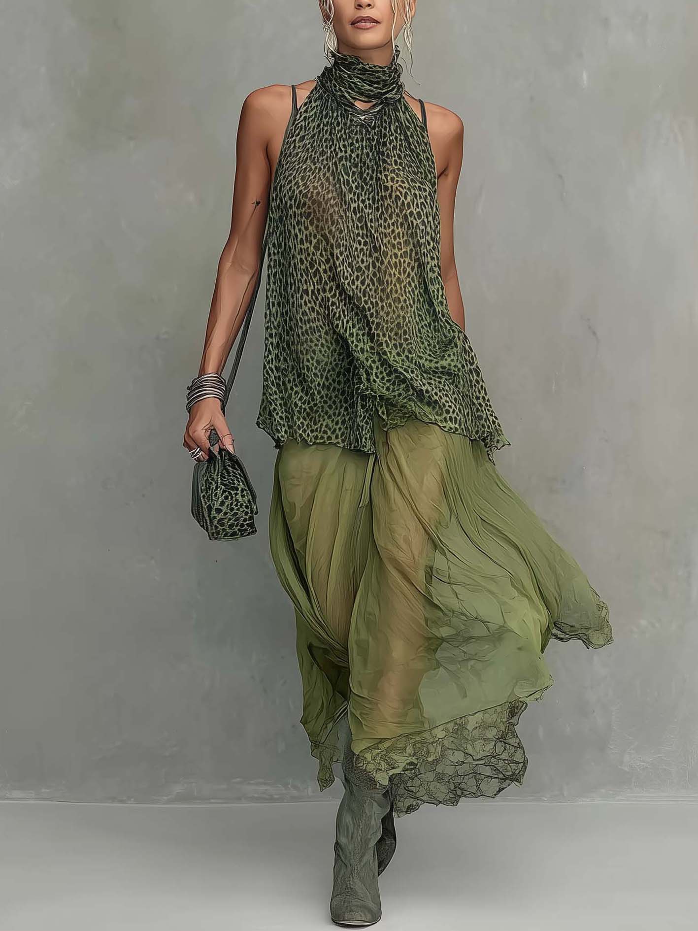 Flowy Boho Green Leopard Print Chiffon Lace Maxi Dress