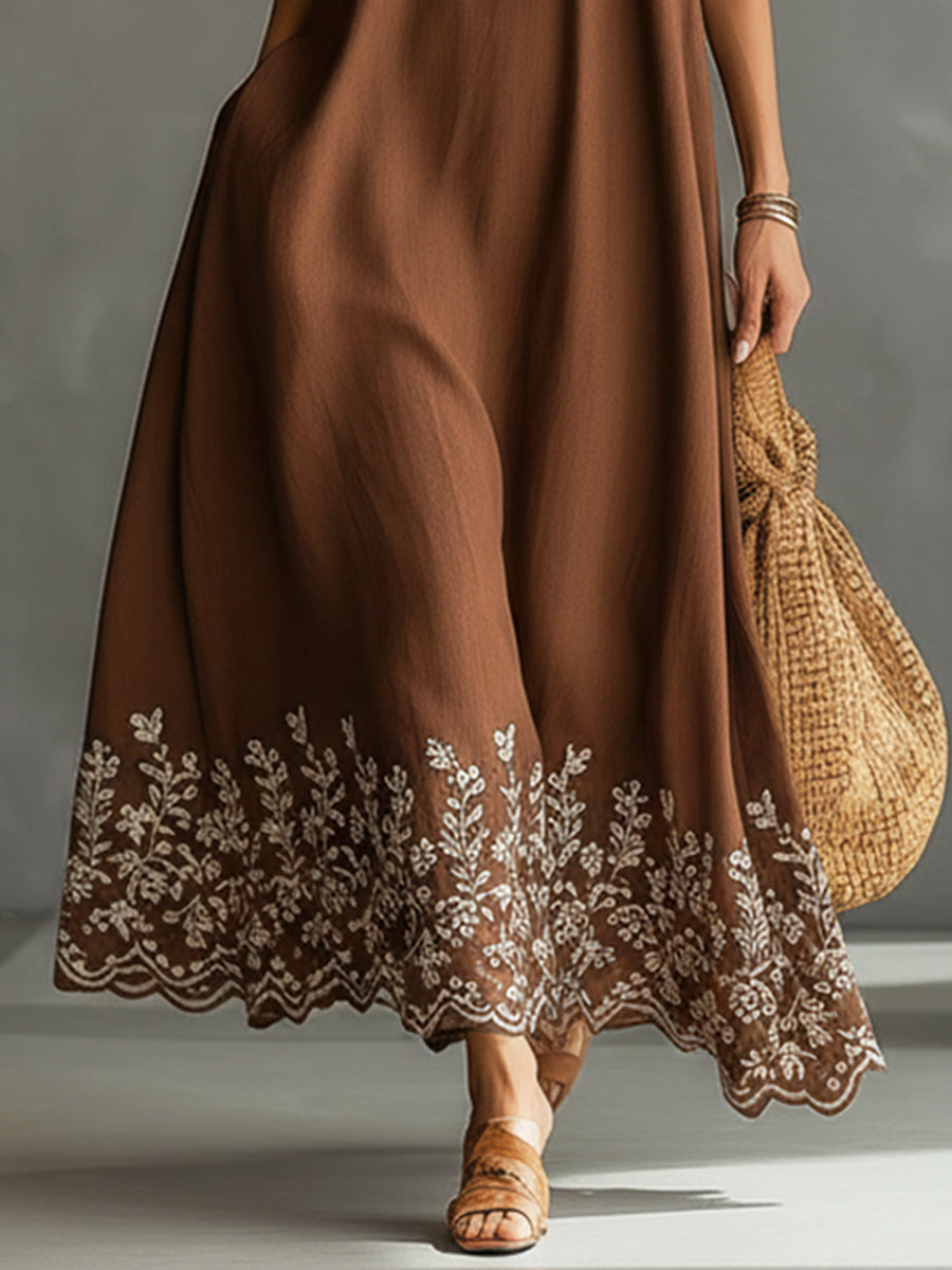 Brown Embroidered Linen Blend Sleeveless Satin High Neck Maxi Dress