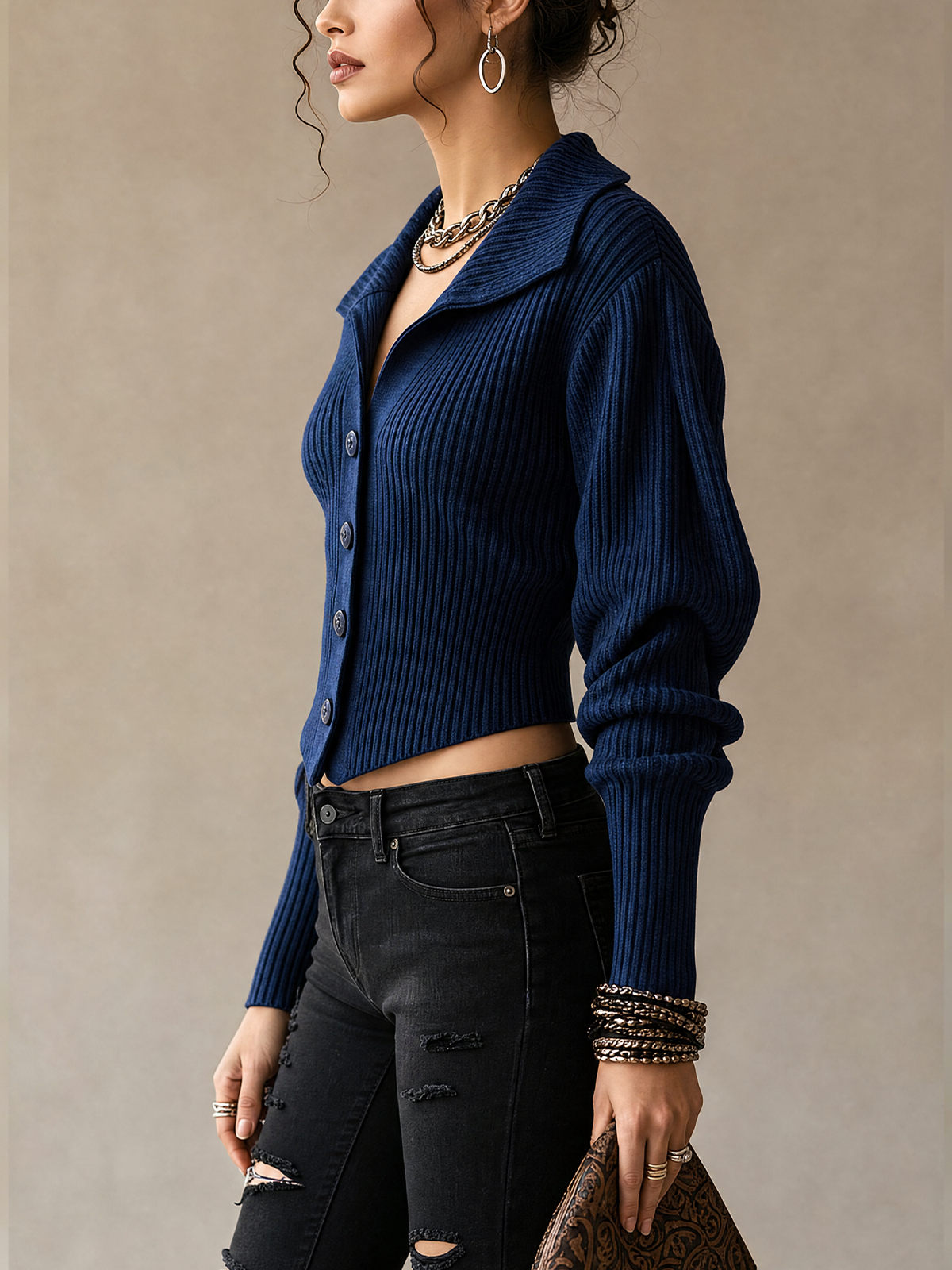 Navy Ribbed Collared Button‑Front Cropped Knit Top