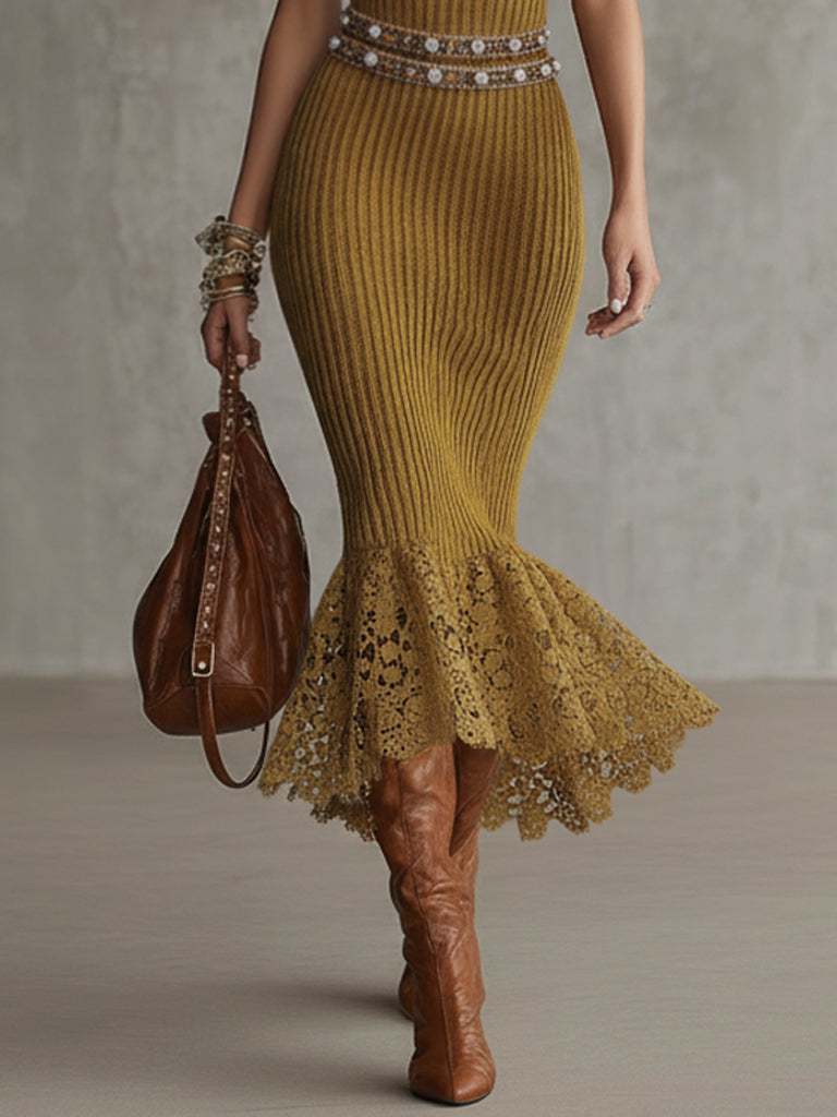 Mustard Sleeveless High Neck Knit Bodycon Dress With Lace Hem