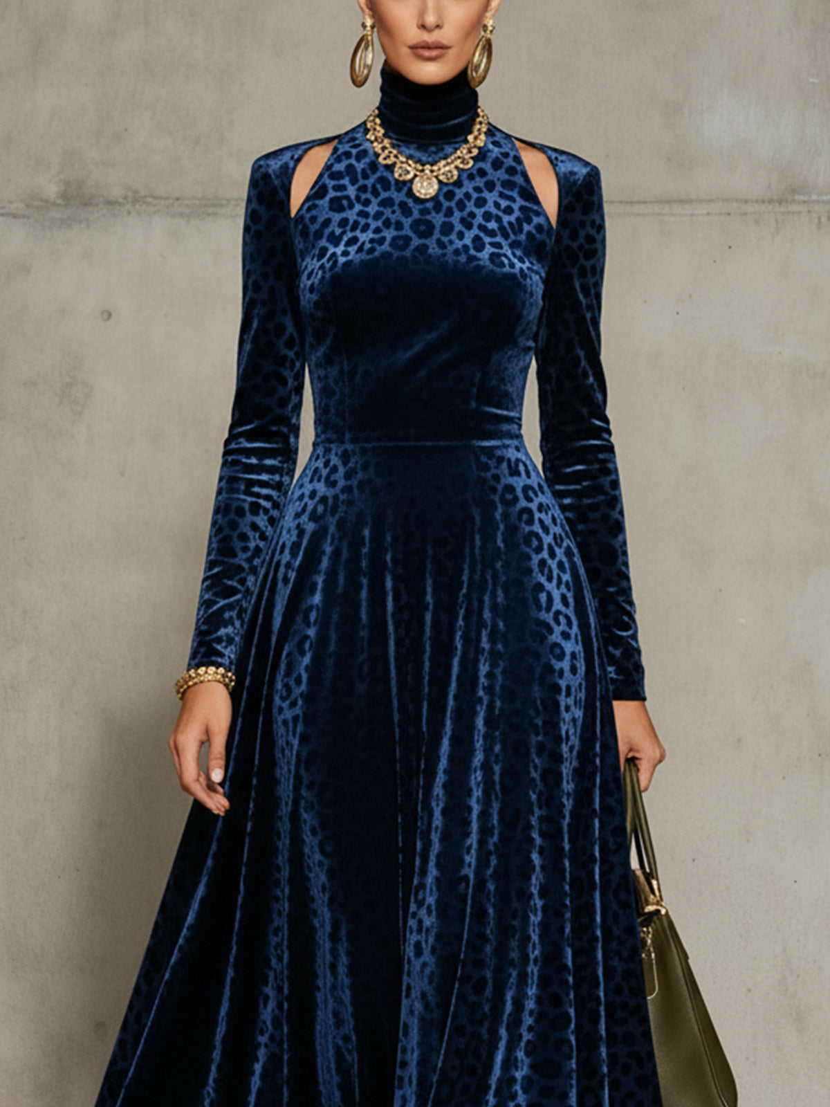 Blue Velvet Leopard Print Maxi Dress With Cut-Out Shoulders