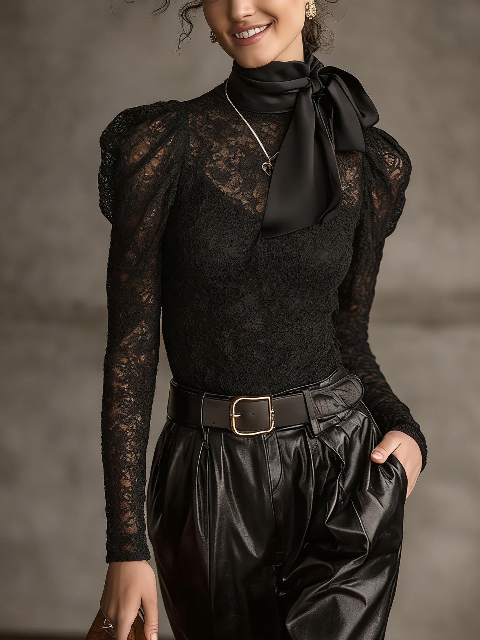 Black Lace Slim Fit Satin Bow Blouse