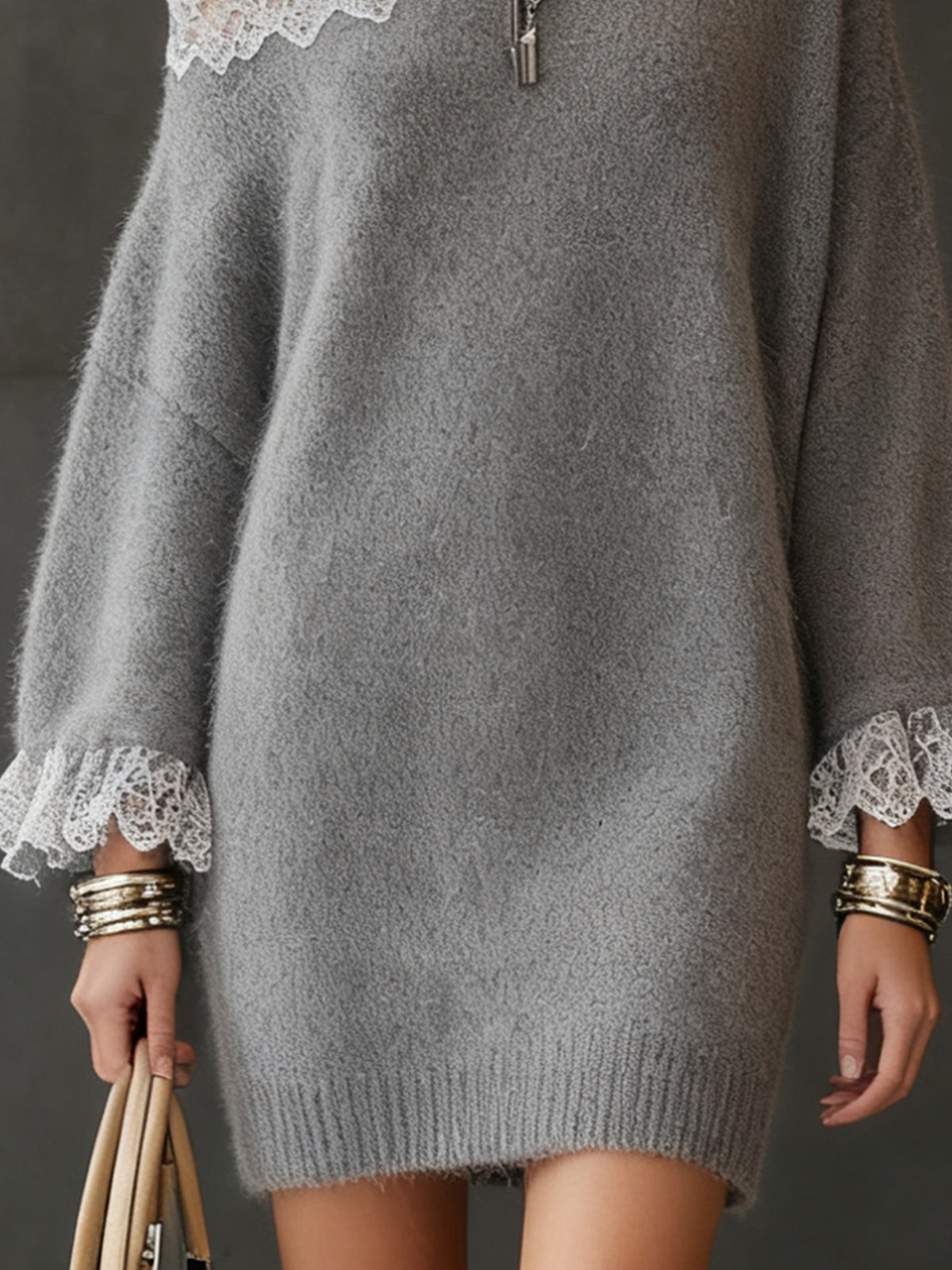 Gray Off-Shoulder Sweater Dress With Lace Details