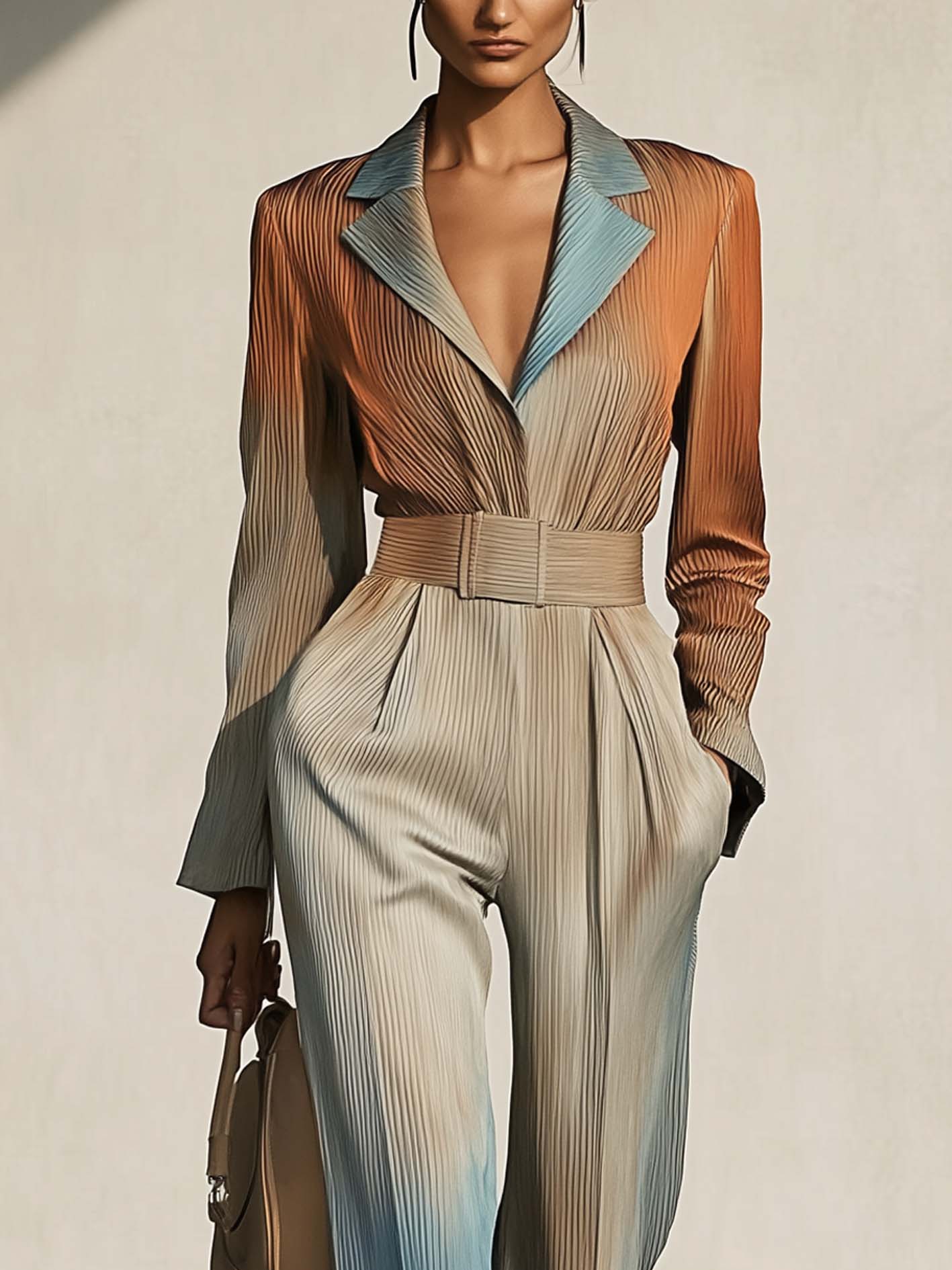 Gray Jumpsuit With Multicolor Gradient Print And Belt