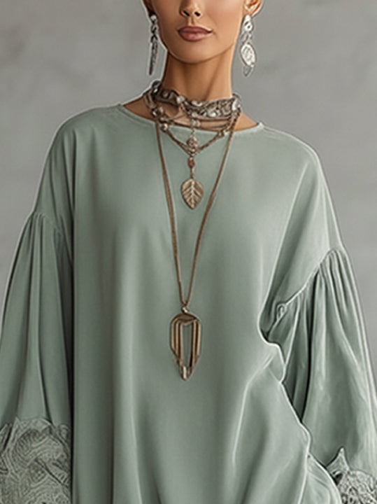 Green Lace-Trim Velvet Mini Dress