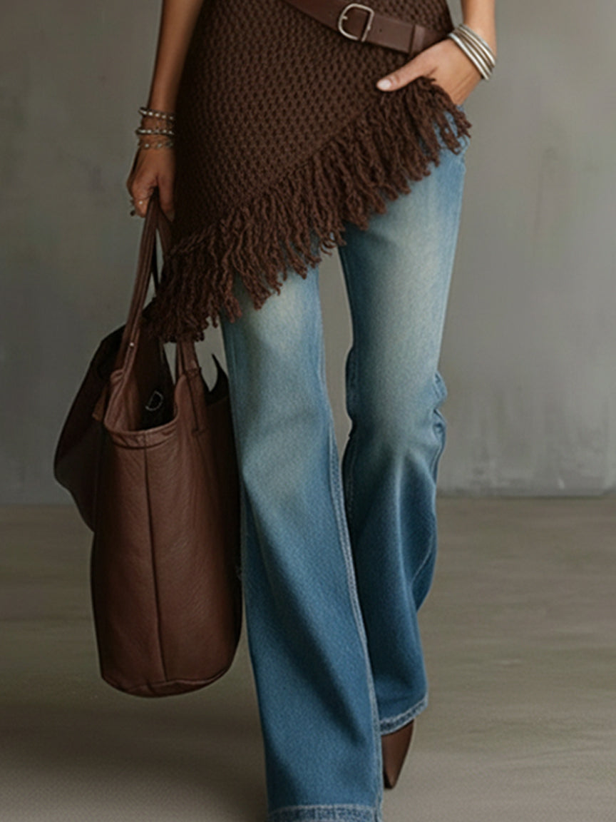 Brown Sleeveless High Neck Knit Sweater With Fringe Hem And Belt