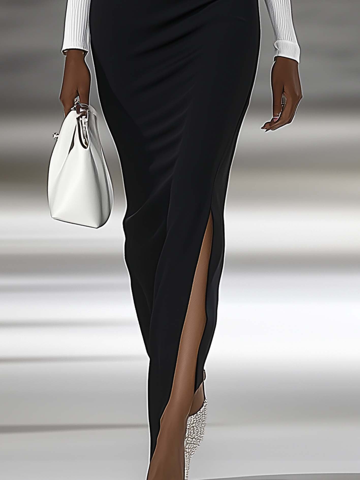 Pleated White Chiffon With Black High Waist Maxi Bodycon Dress