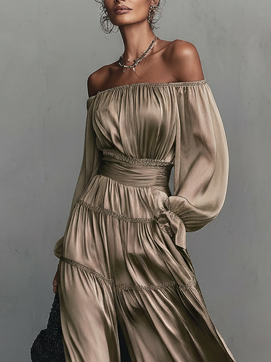 Champagne Satin Elastic Maxi Dress With Lace Hem