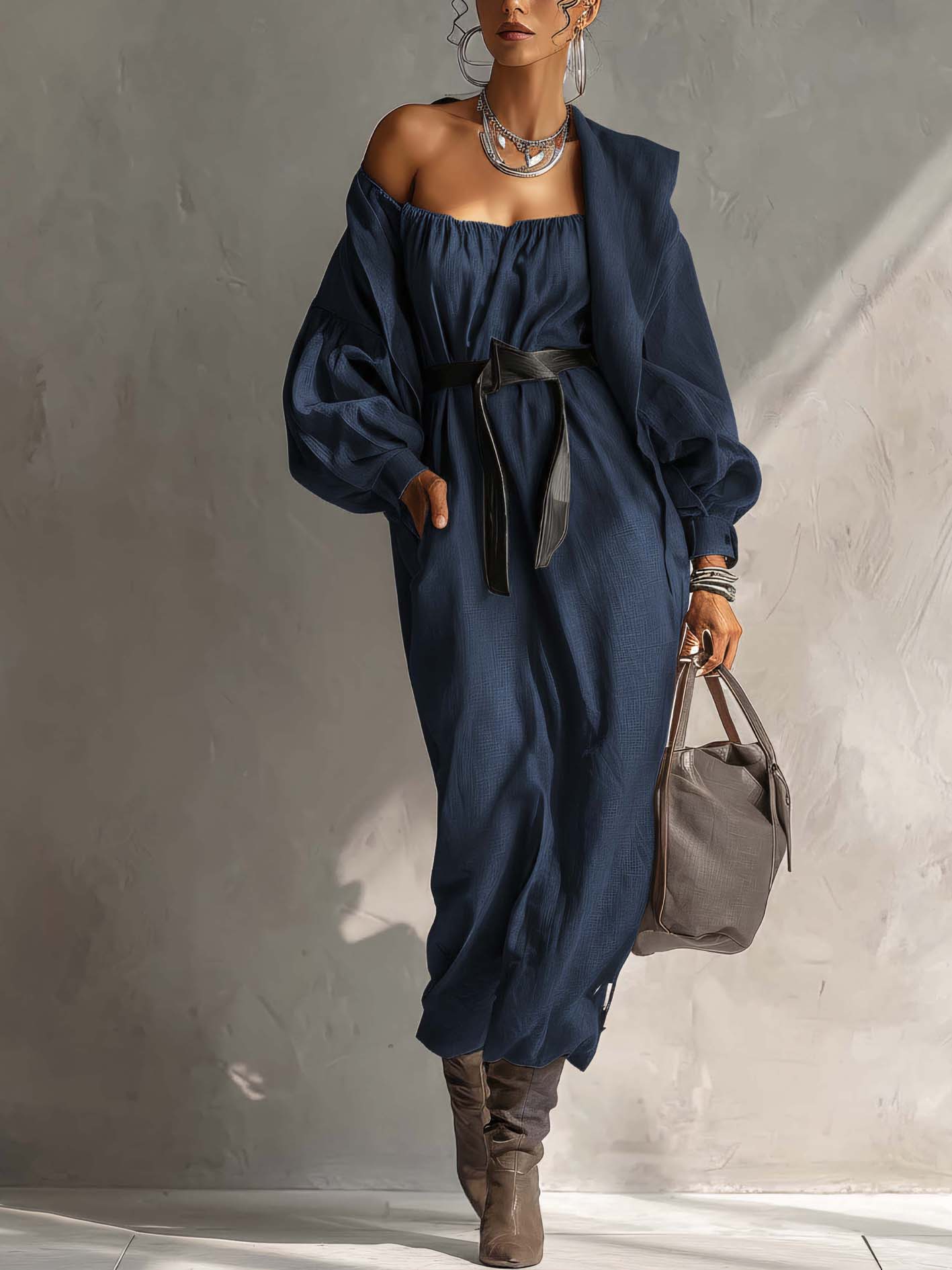 Deep Navy Cotton Linen Maxi Dress With Asymmetric Neckline