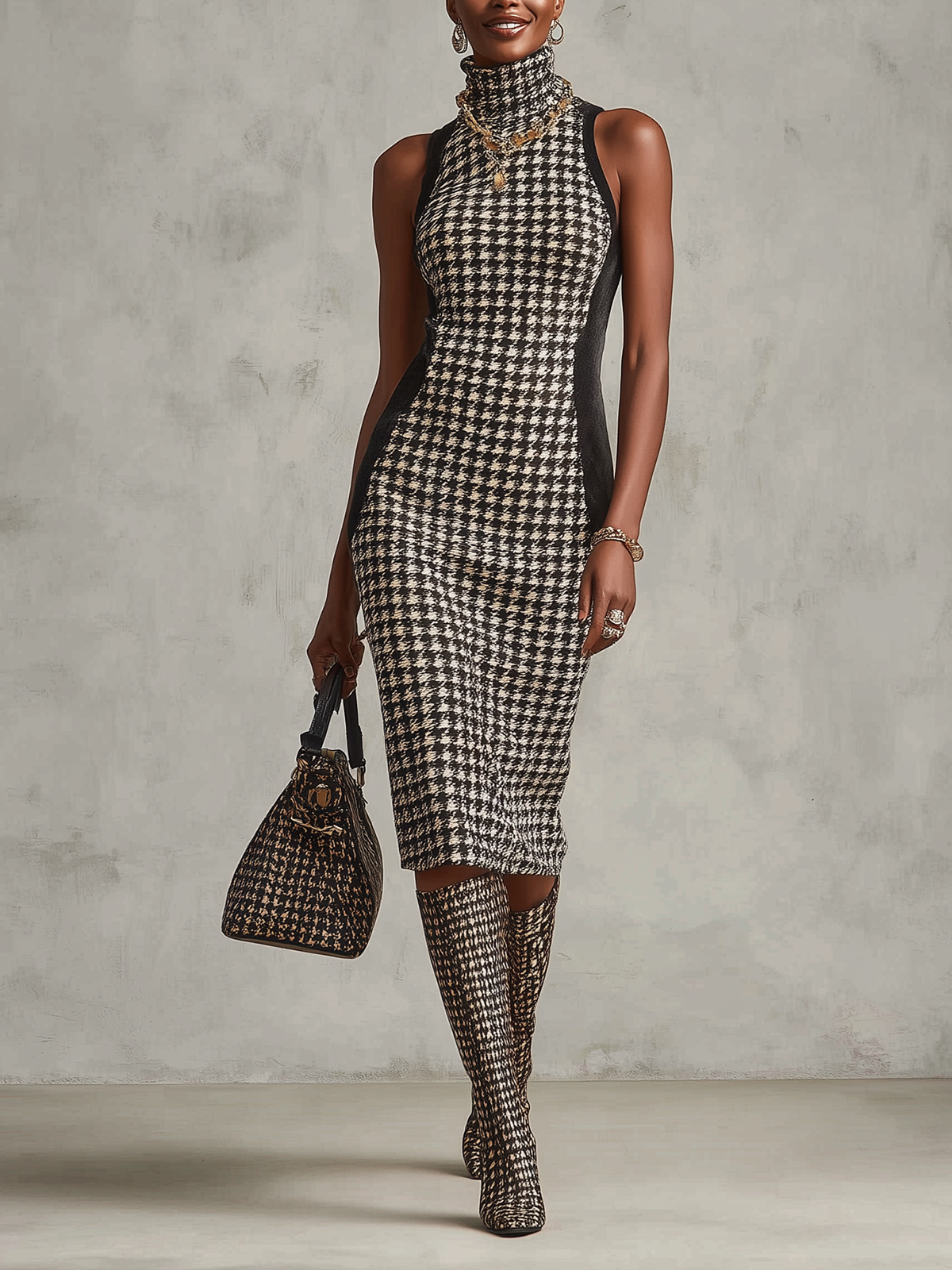 Monochrome Houndstooth Knit Sleeveless Turtleneck Midi Dress