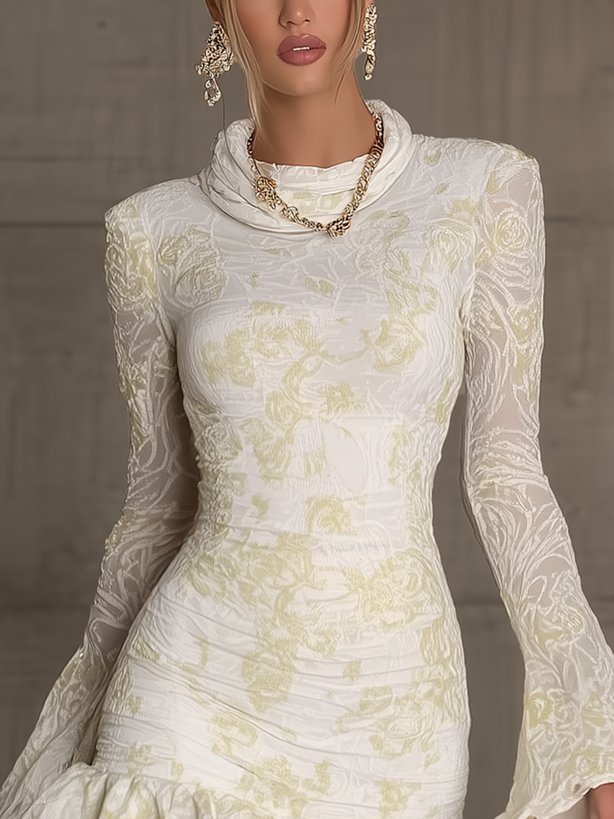 White Jacquard Turtleneck Flared Sleeves Ruffled Mini Dress