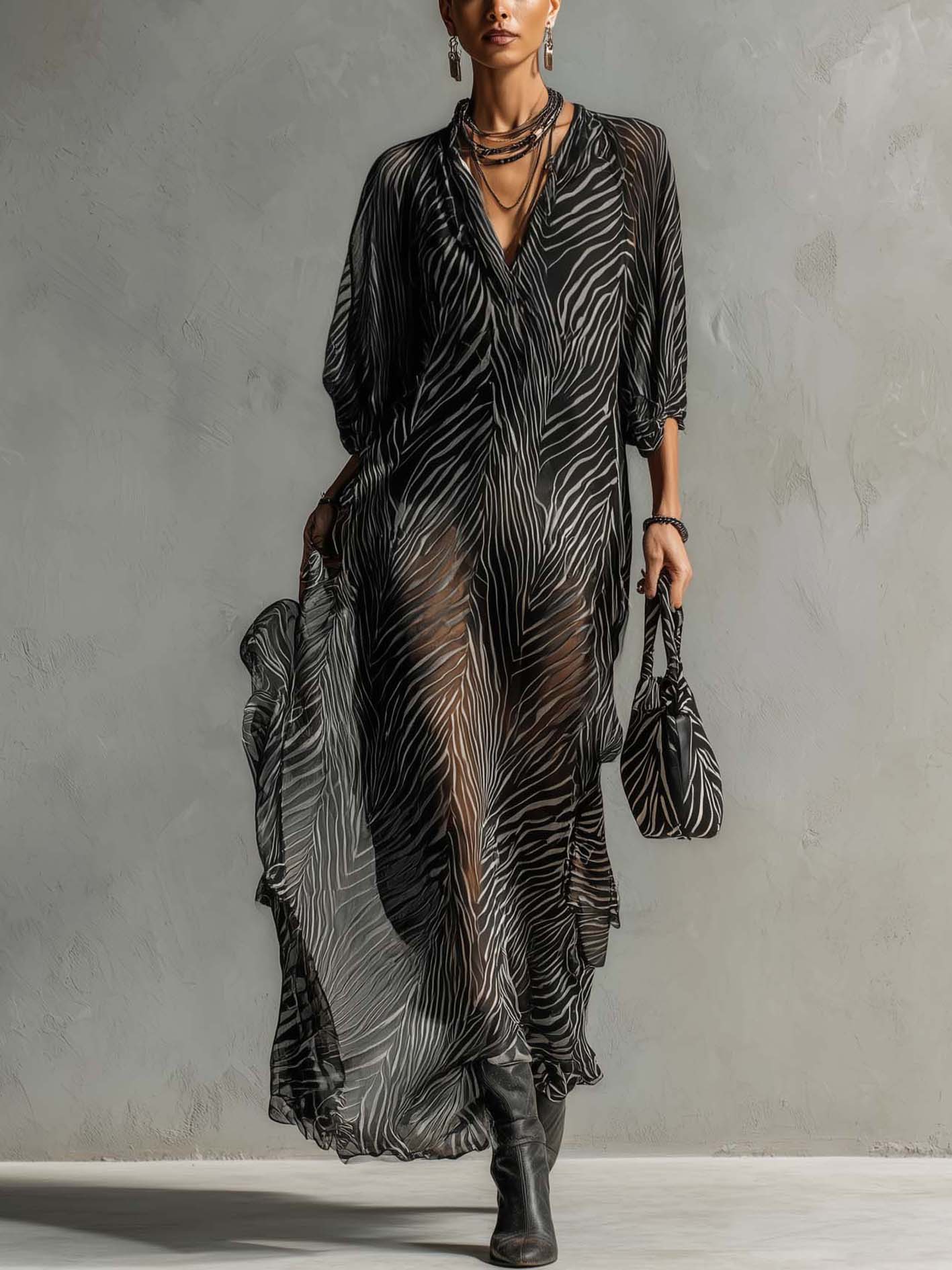 Elegant Boho Black Zebra Print Chiffon Maxi Dress