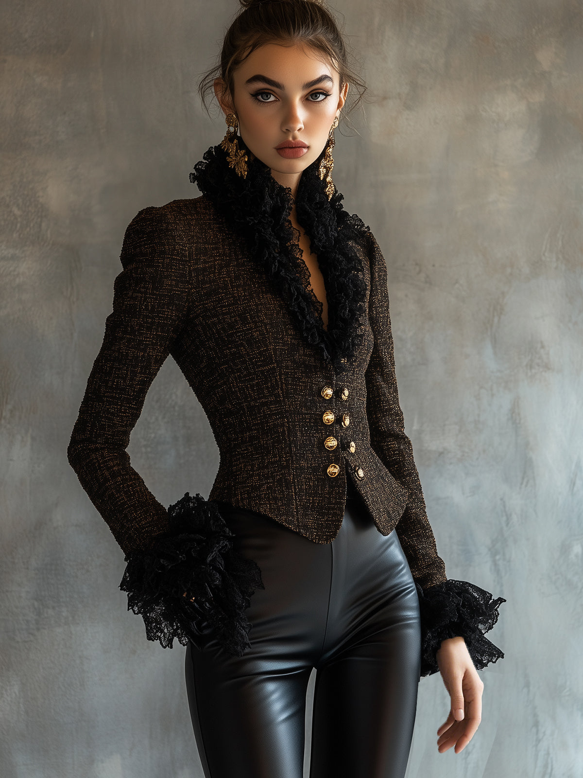 Brown Luxurious Tweed Lace Trimmed Jacket