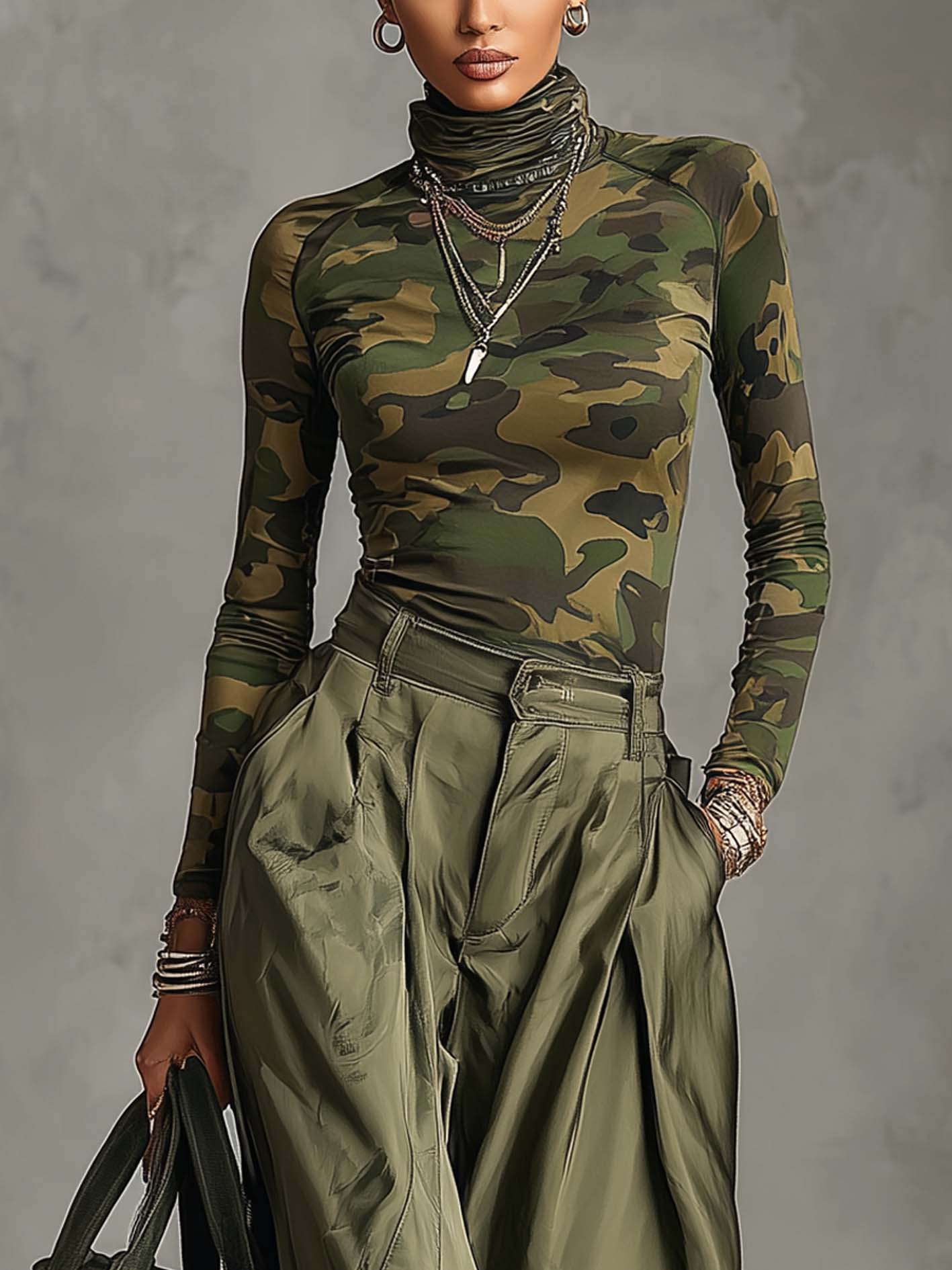 Camouflage Print Turtleneck Slim Top And Army Green High Waist Cargo Pants Set