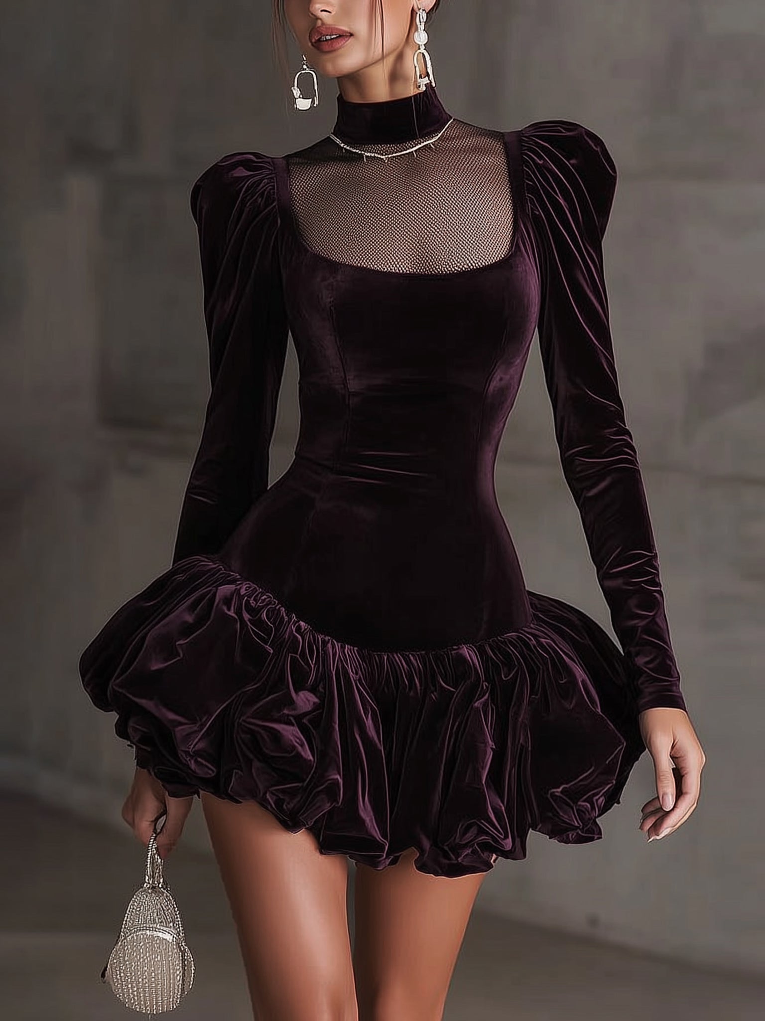 Plum Velvet Mesh Panel Puff Sleeve Mini Dress