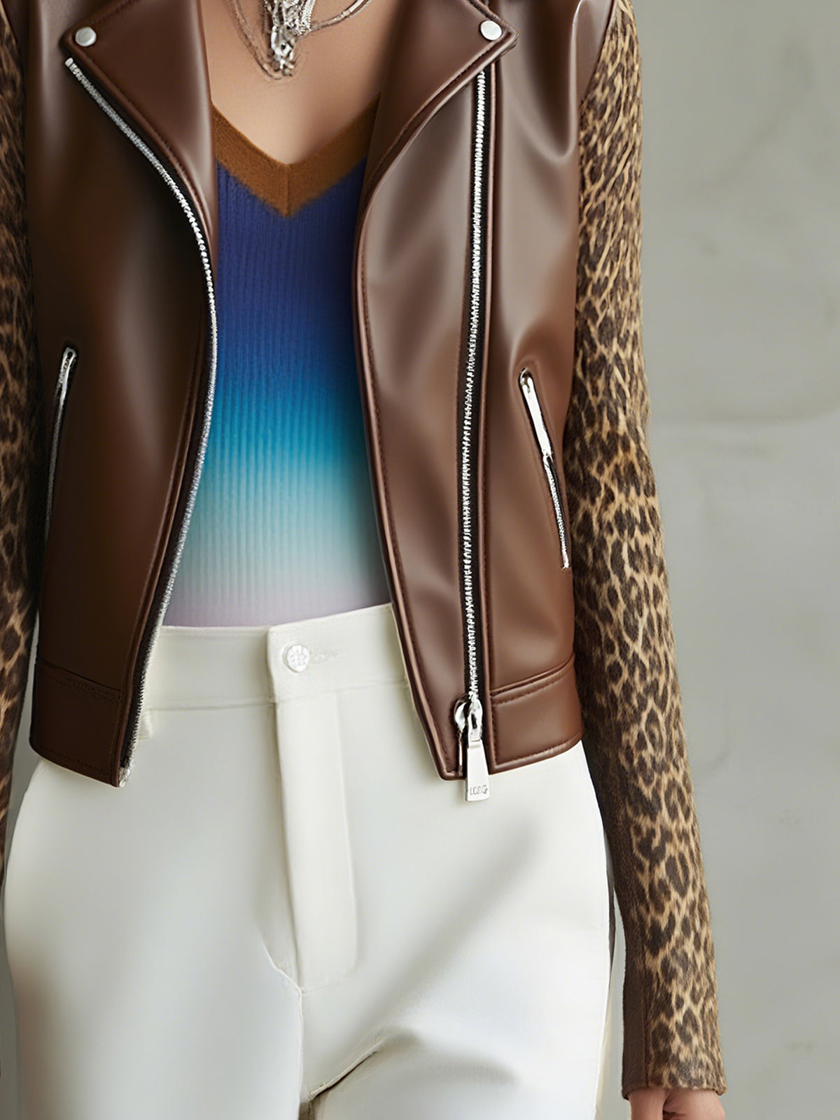 Leopard Sleeve Faux Leather Jacket