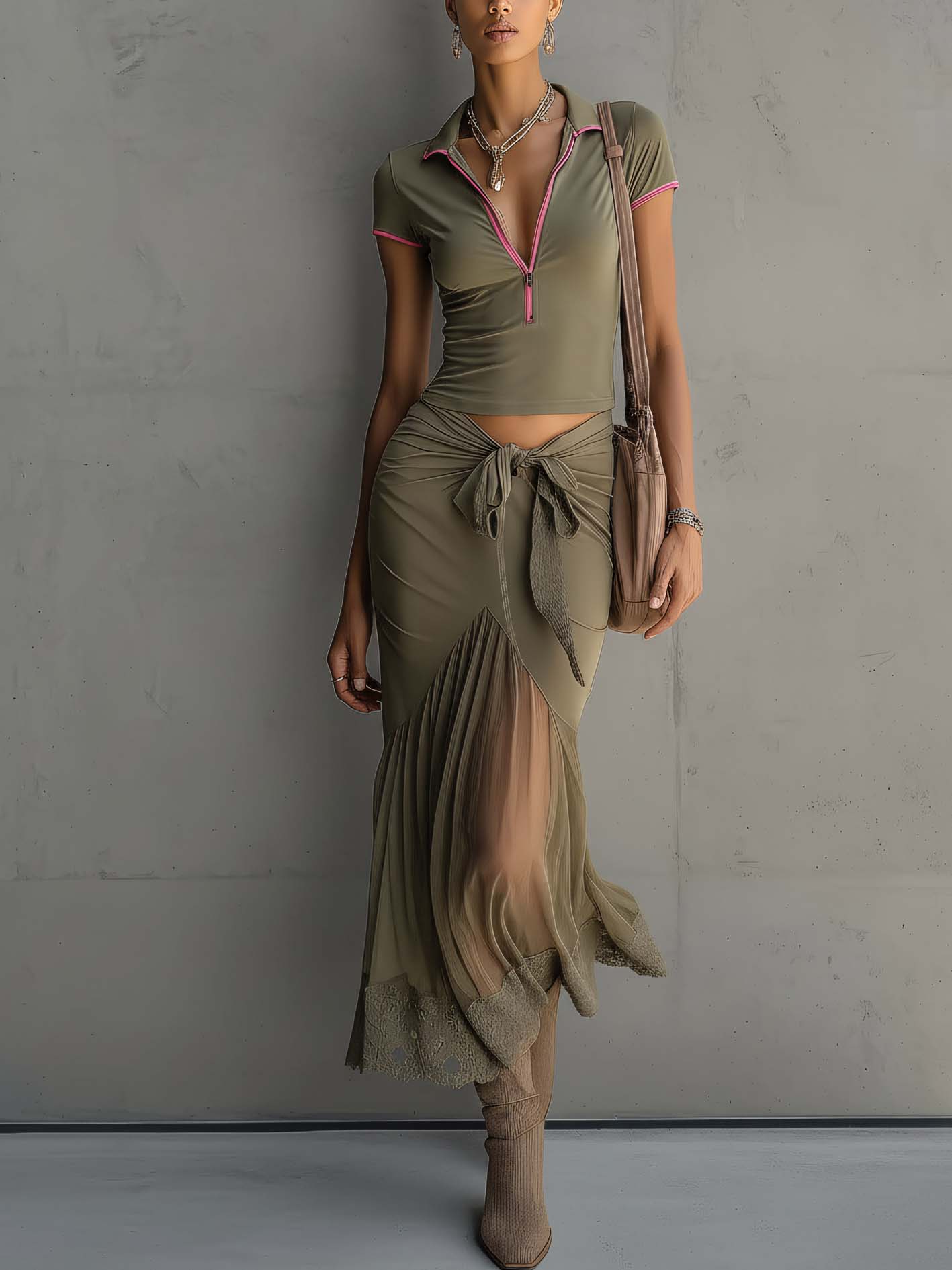 Army Green Pink Trim Chiffon Lace Patchwork Two-Piece Set