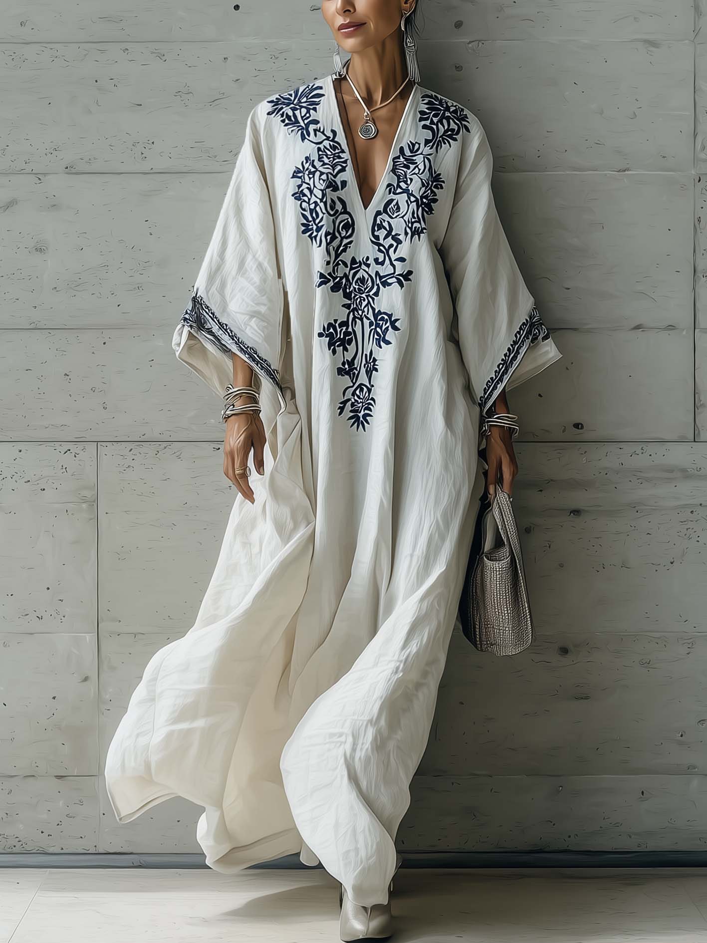 White Cotton-Linen With Blue Floral Embroidery Boho Casual Maxi Dress